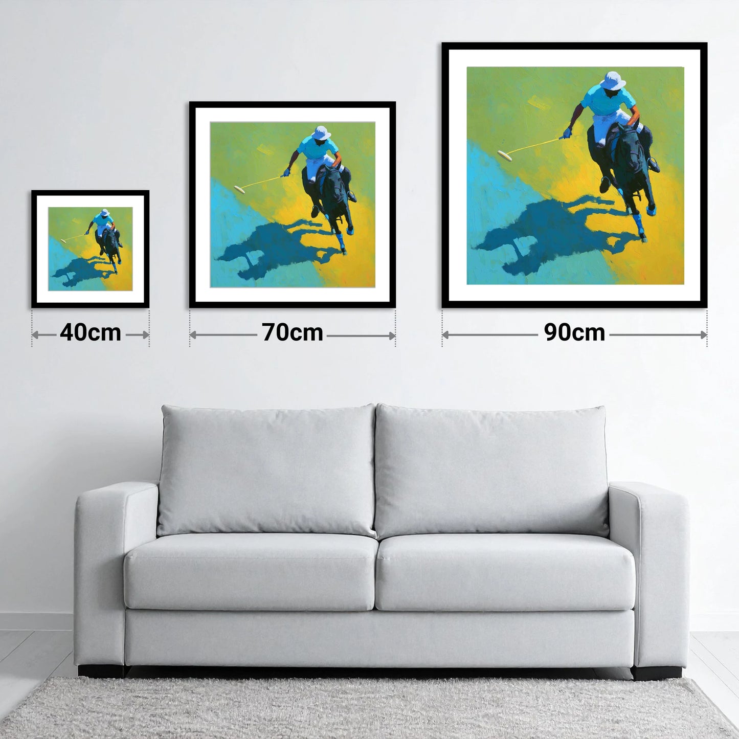 Sunlit Polo Pursuit - size guide showing 40cm, 70cm and 90cm art prints