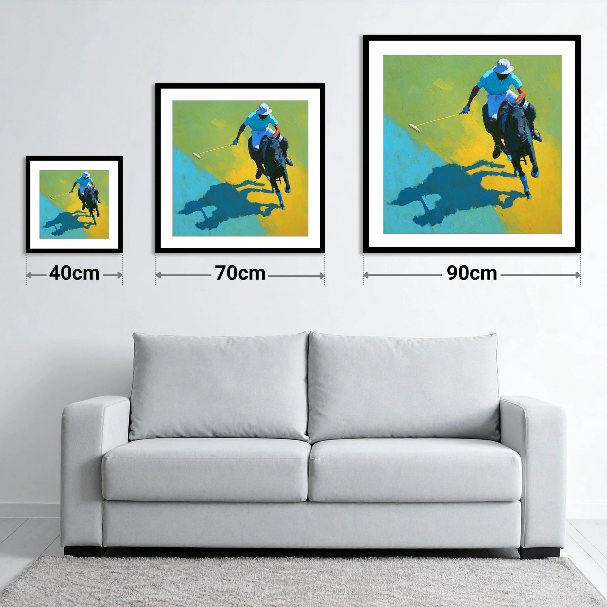 Sunlit Polo Pursuit - size guide showing 40cm, 70cm and 90cm art prints