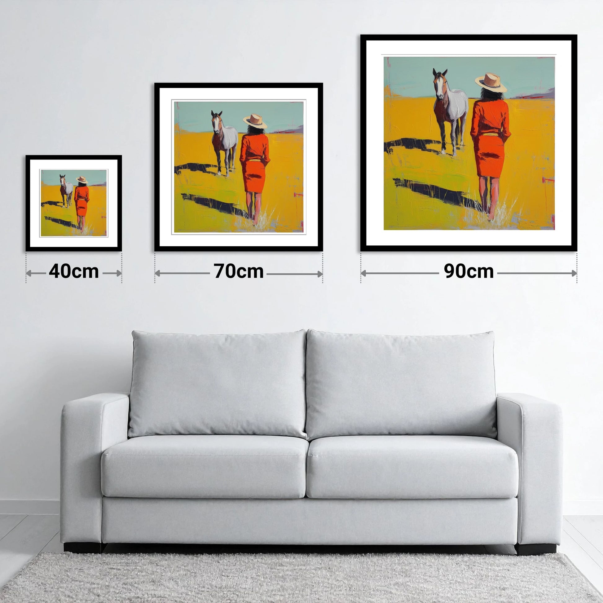 Sunlit Connection - size guide showing 40cm, 70cm and 90cm art prints