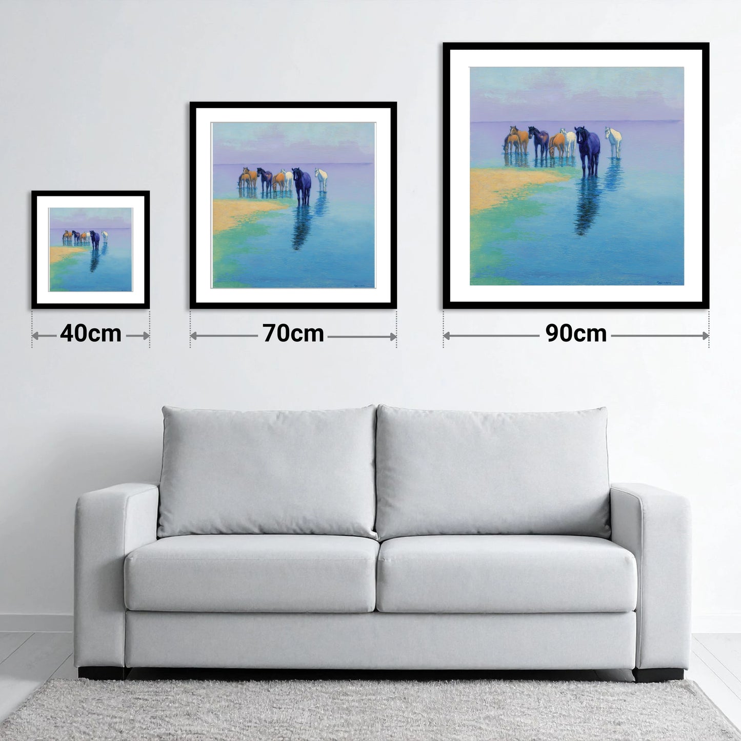 Lavender Shallows - size guide showing 40cm, 70cm and 90cm art prints