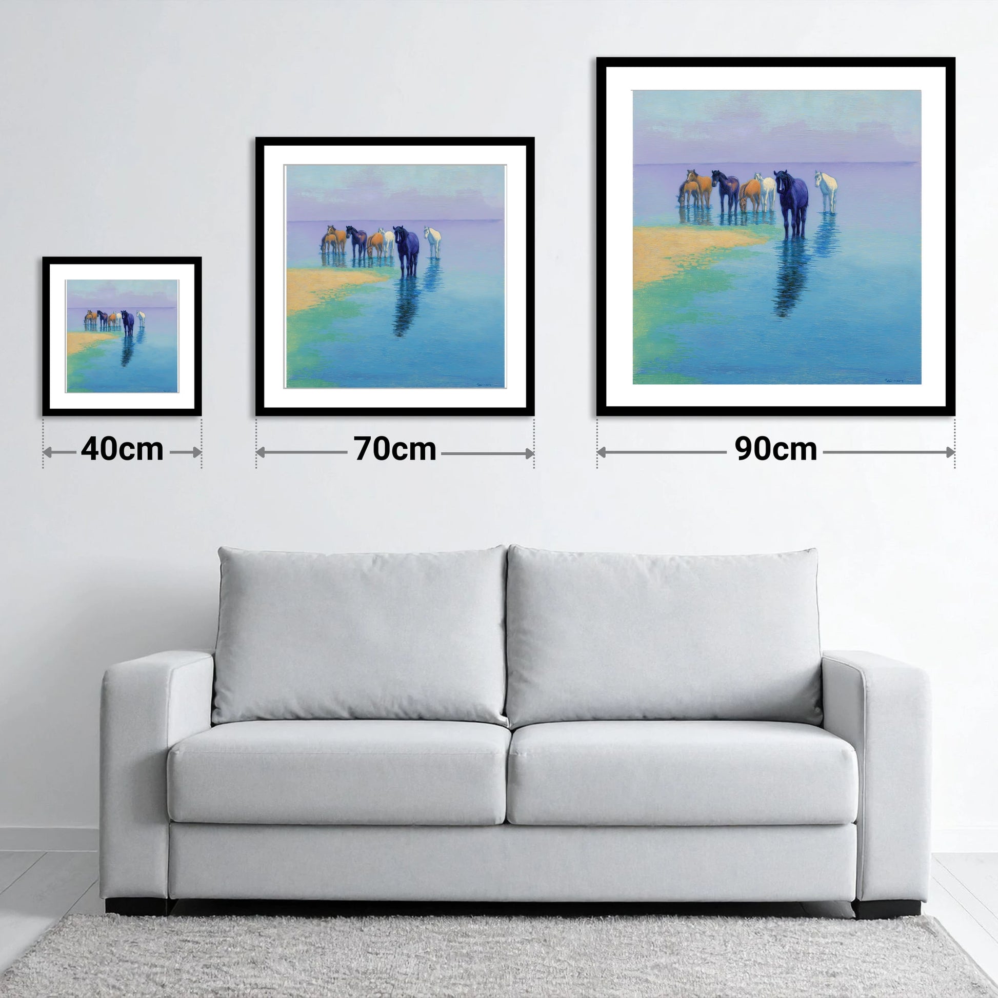 Lavender Shallows - size guide showing 40cm, 70cm and 90cm art prints