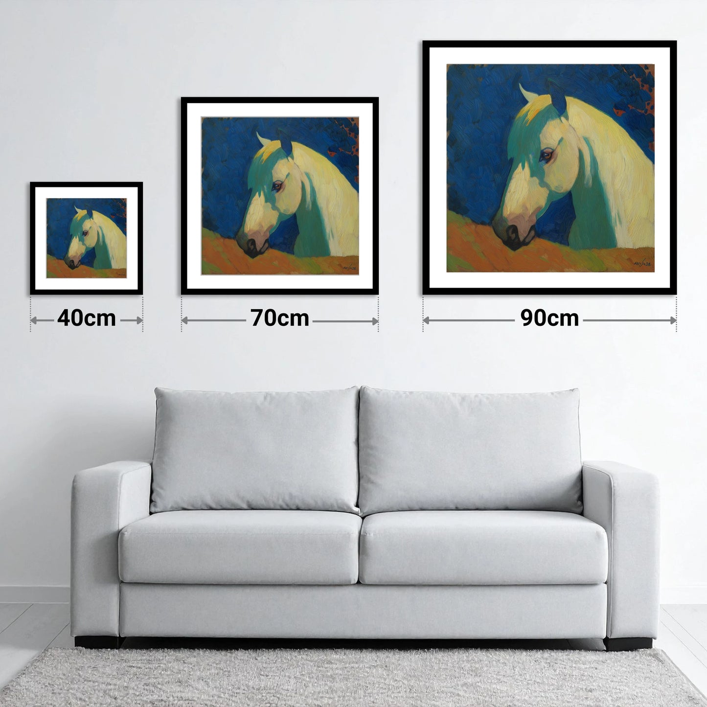 The Vibrant Grey - size guide showing 40cm, 70cm and 90cm art prints