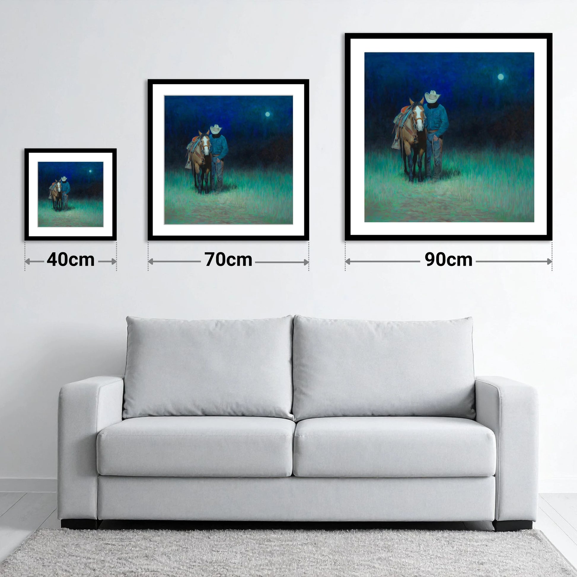Under the Western Moon - size guide showing 40cm, 70cm and 90cm art prints