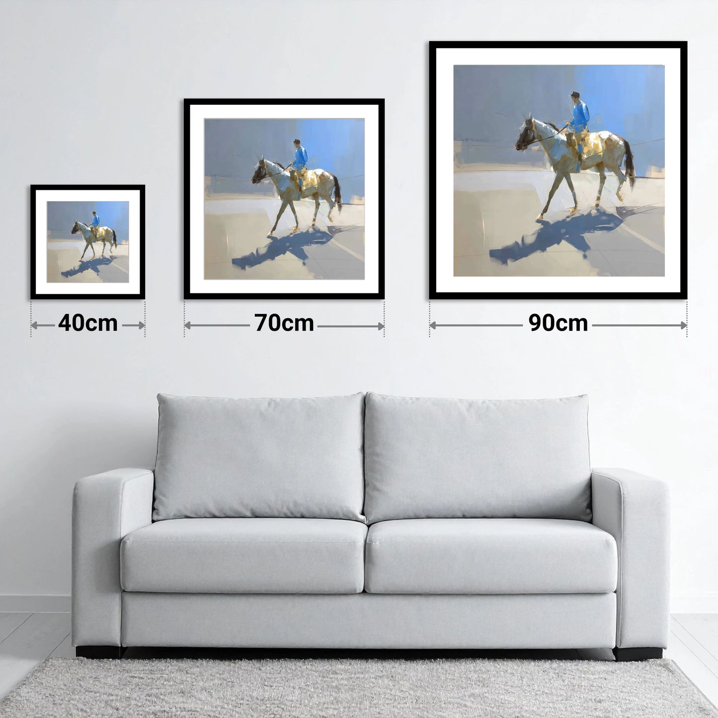 Morning in Blue Silks - size guide showing 40cm, 70cm and 90cm art prints