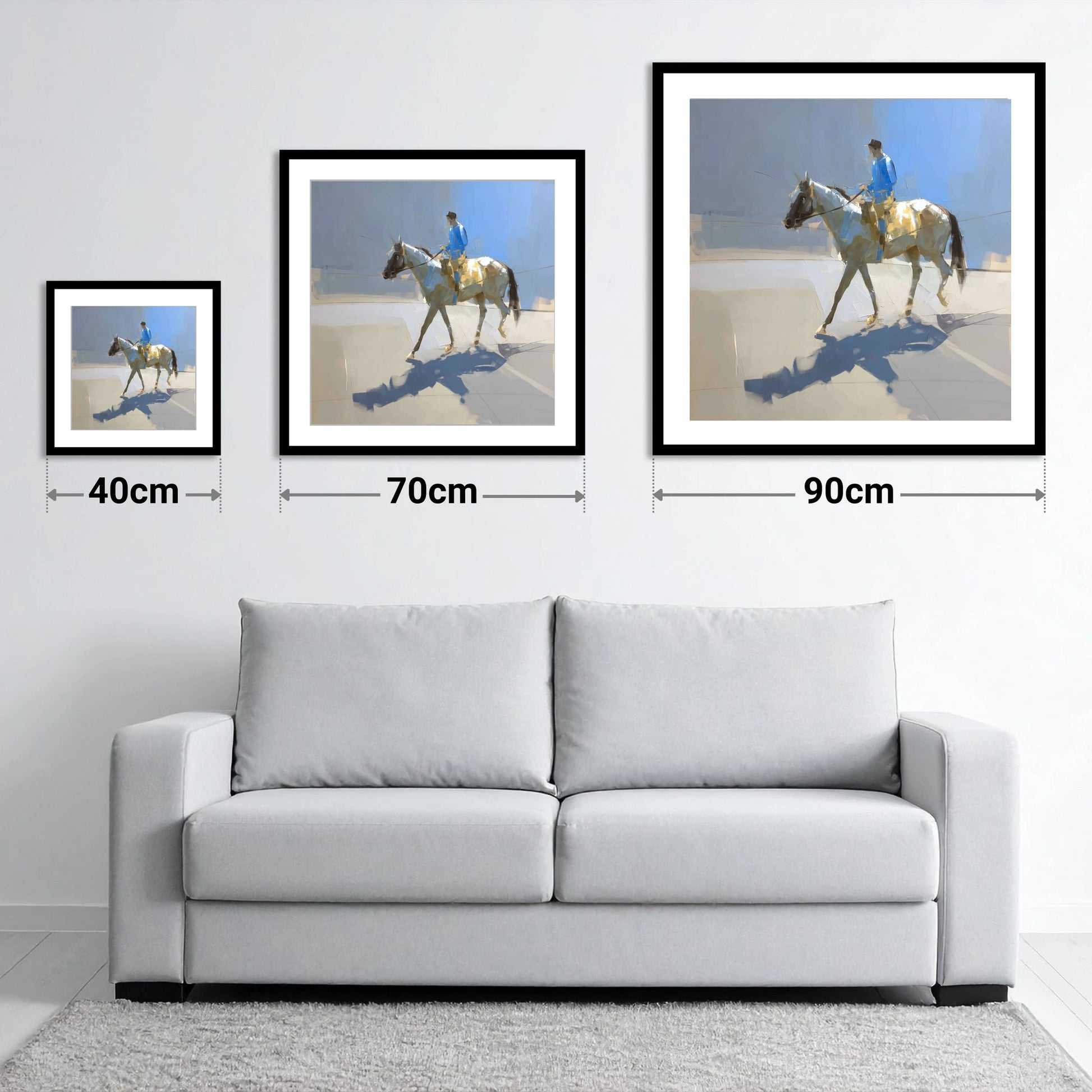 Morning in Blue Silks - size guide showing 40cm, 70cm and 90cm art prints