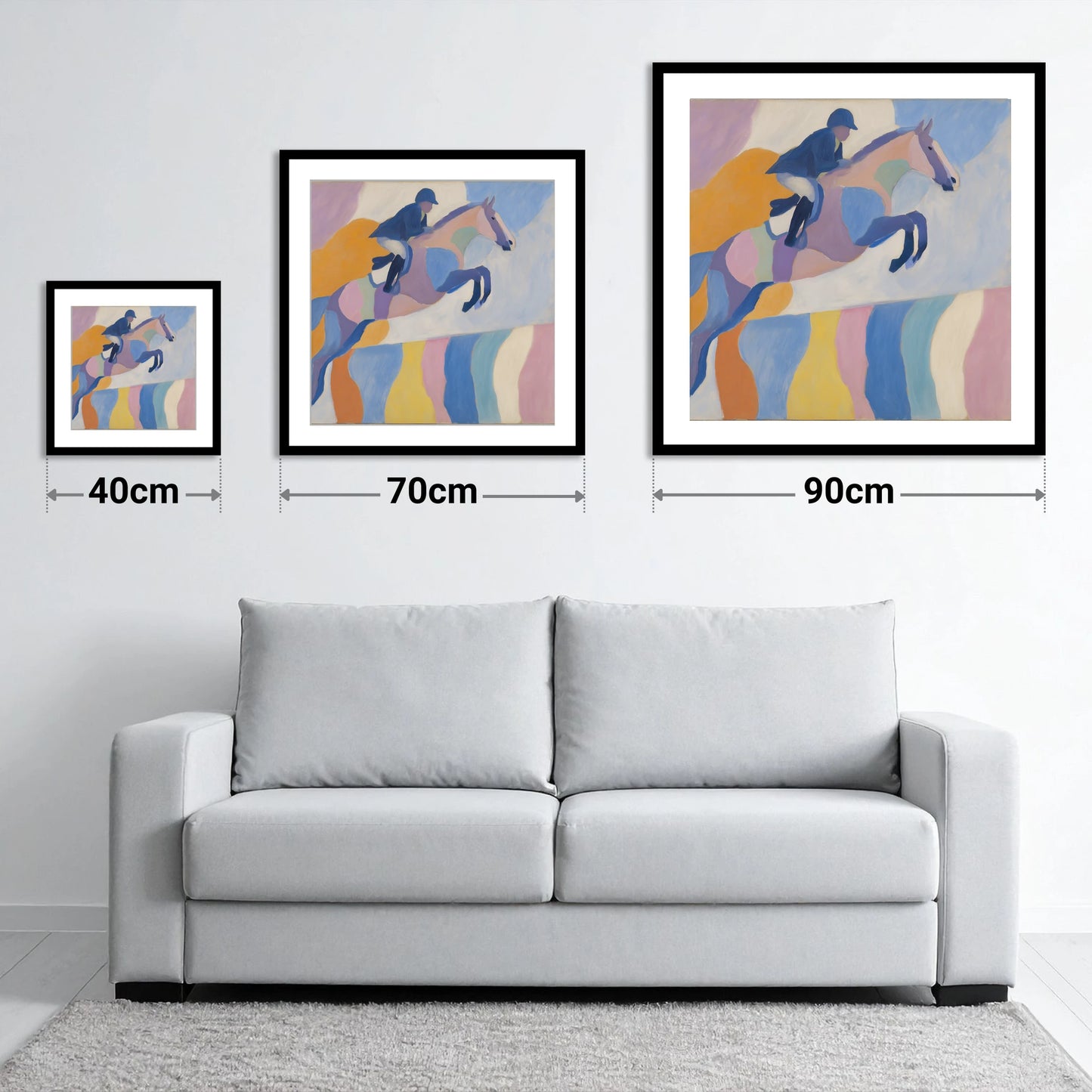 Pastel Abstract Leap - size guide showing 40cm, 70cm and 90cm art prints