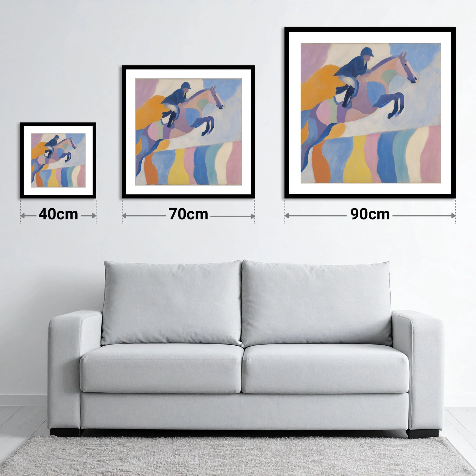 Pastel Abstract Leap - size guide showing 40cm, 70cm and 90cm art prints