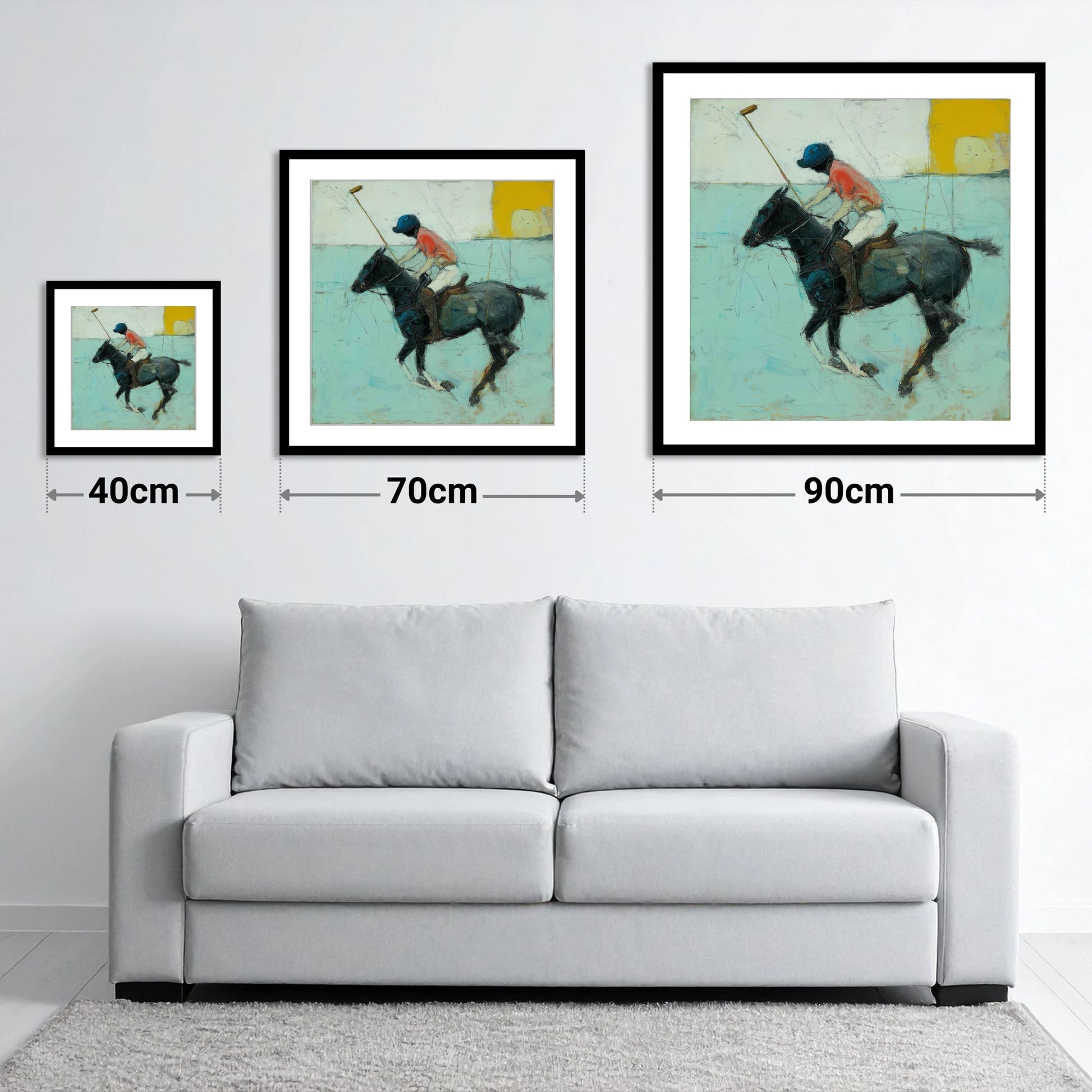 The Forward Swing - size guide showing 40cm, 70cm and 90cm art prints