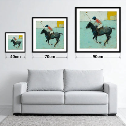 The Forward Swing - size guide showing 40cm, 70cm and 90cm art prints