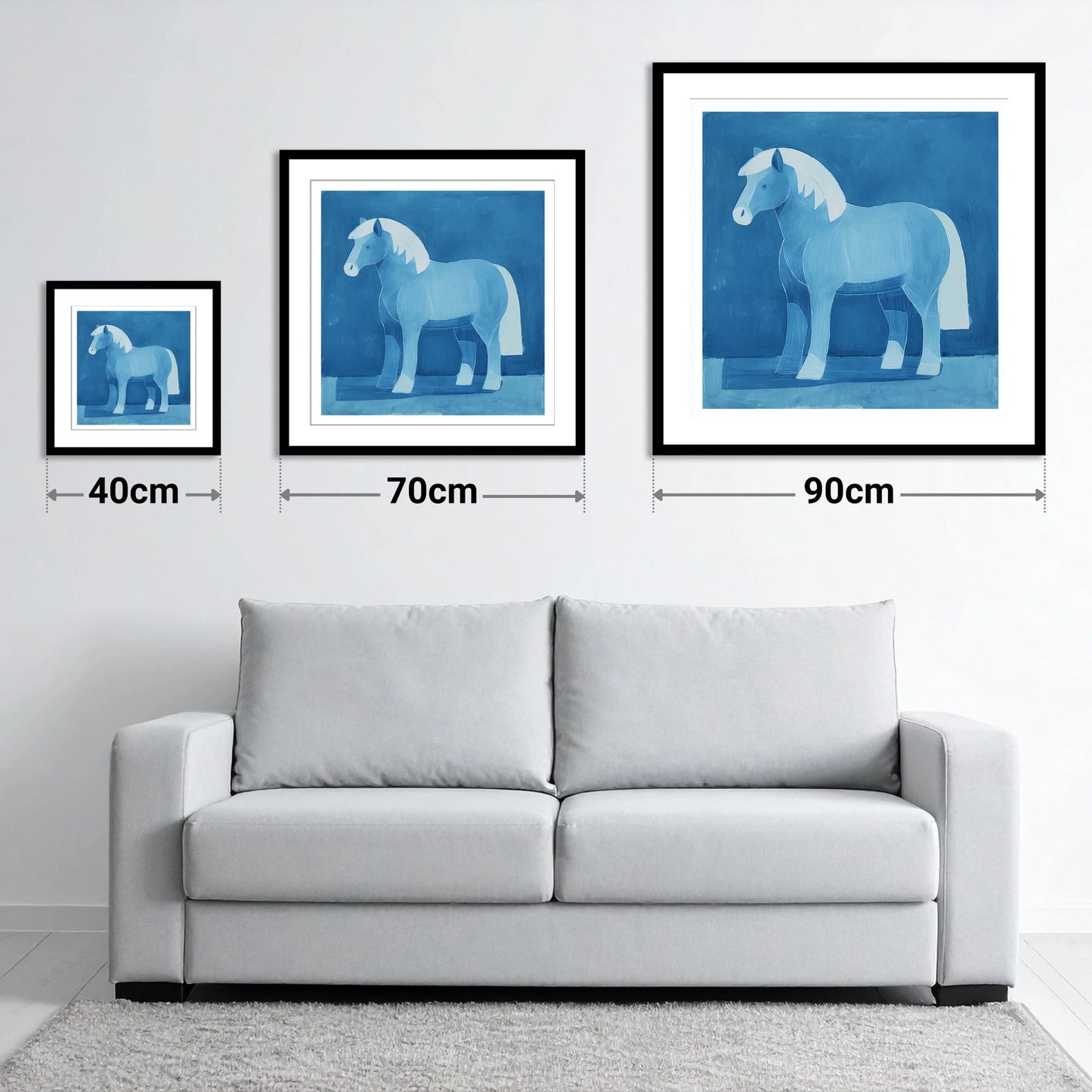 Cobalt Native Pony - size guide showing 40cm, 70cm and 90cm art prints