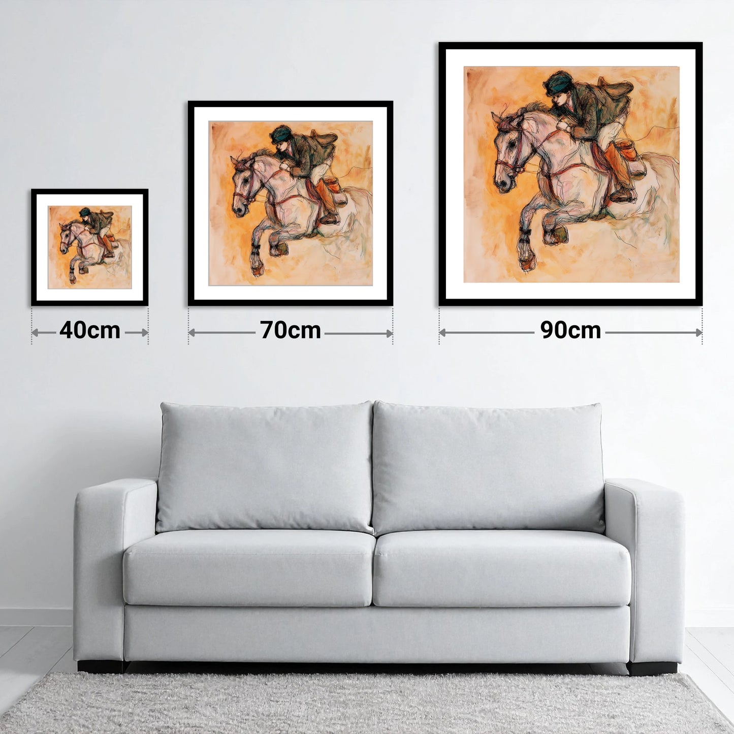 Airborne in Ochre - size guide showing 40cm, 70cm and 90cm art prints