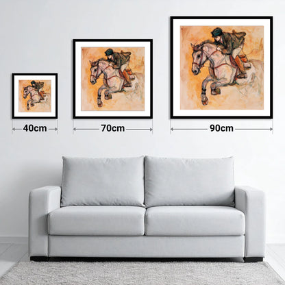 Airborne in Ochre - size guide showing 40cm, 70cm and 90cm art prints