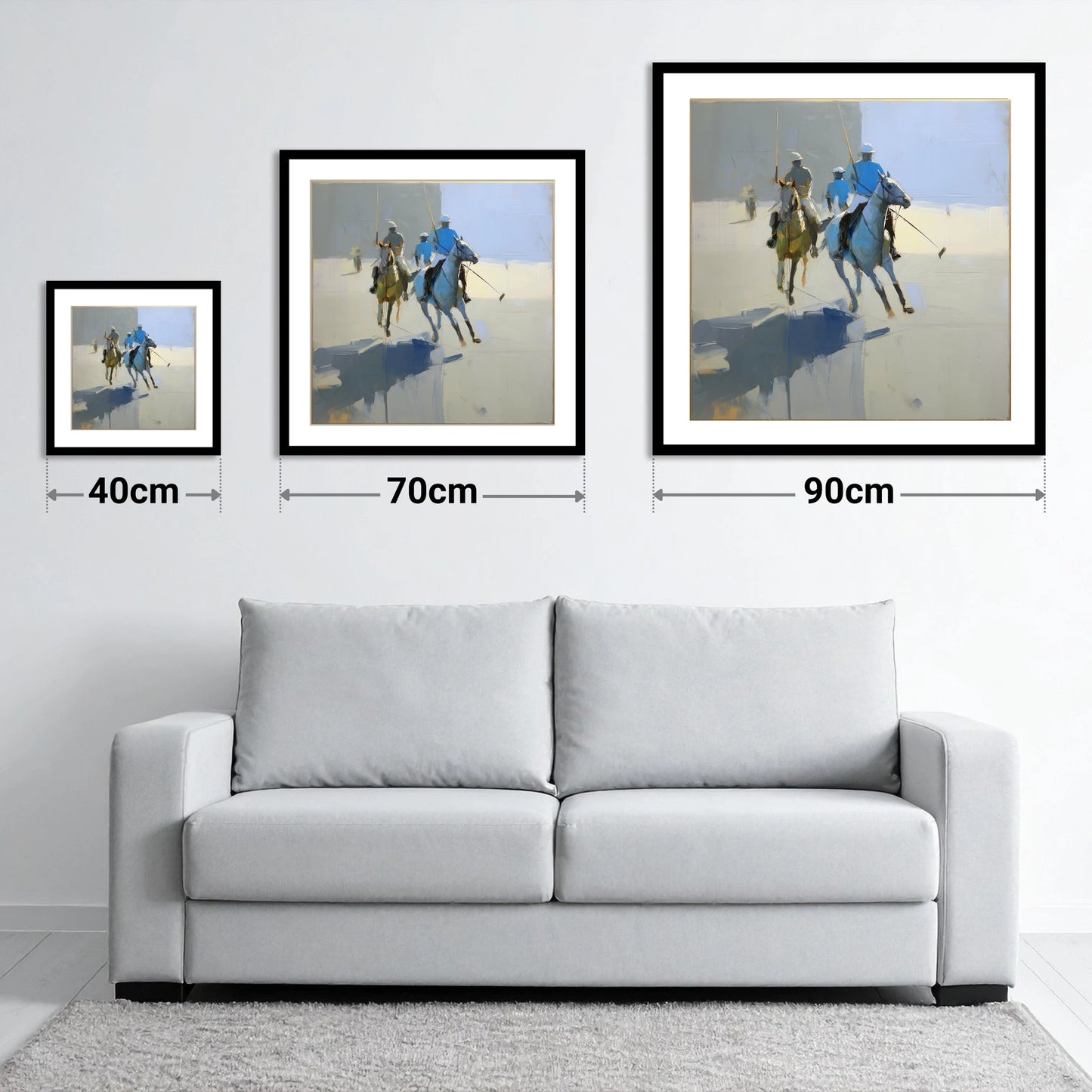 Slate Blue Chukka - size guide showing 40cm, 70cm and 90cm art prints
