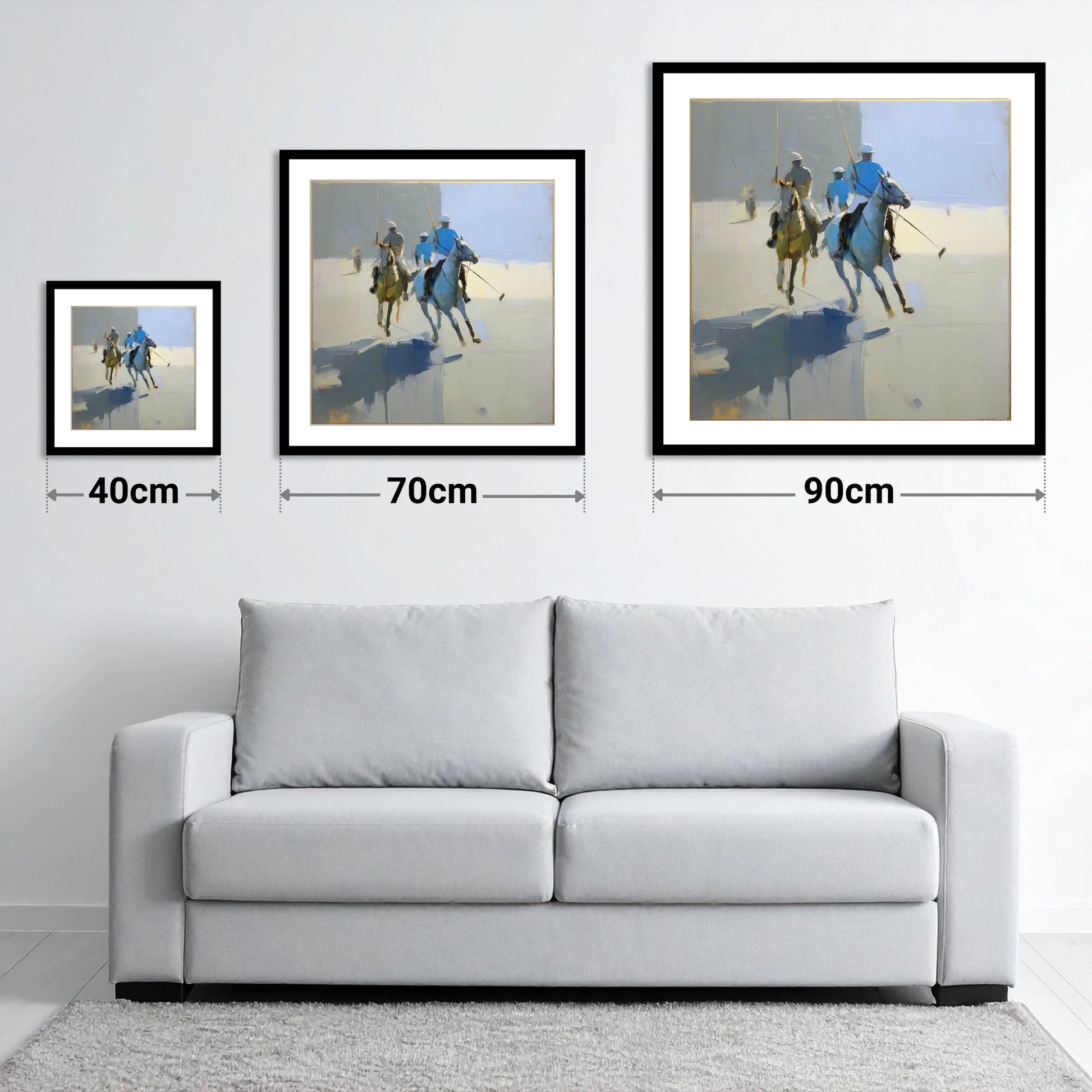 Slate Blue Chukka - size guide showing 40cm, 70cm and 90cm art prints