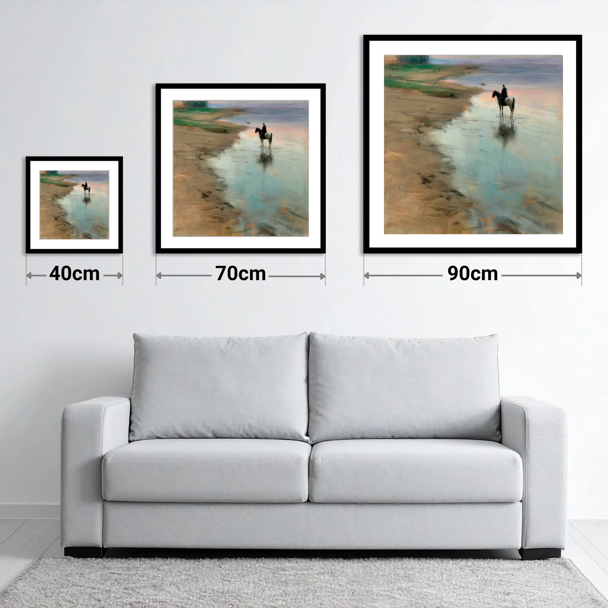 Tide Line Reflections - size guide showing 40cm, 70cm and 90cm art prints