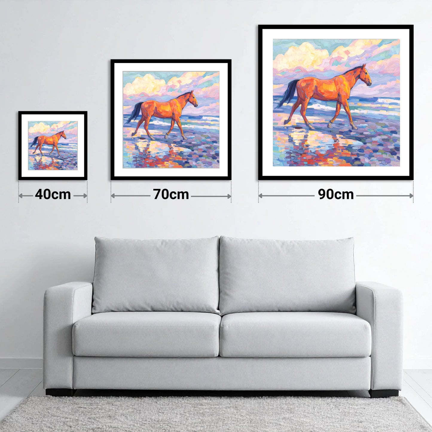 Vibrant Coastal Stroll - size guide showing 40cm, 70cm and 90cm art prints