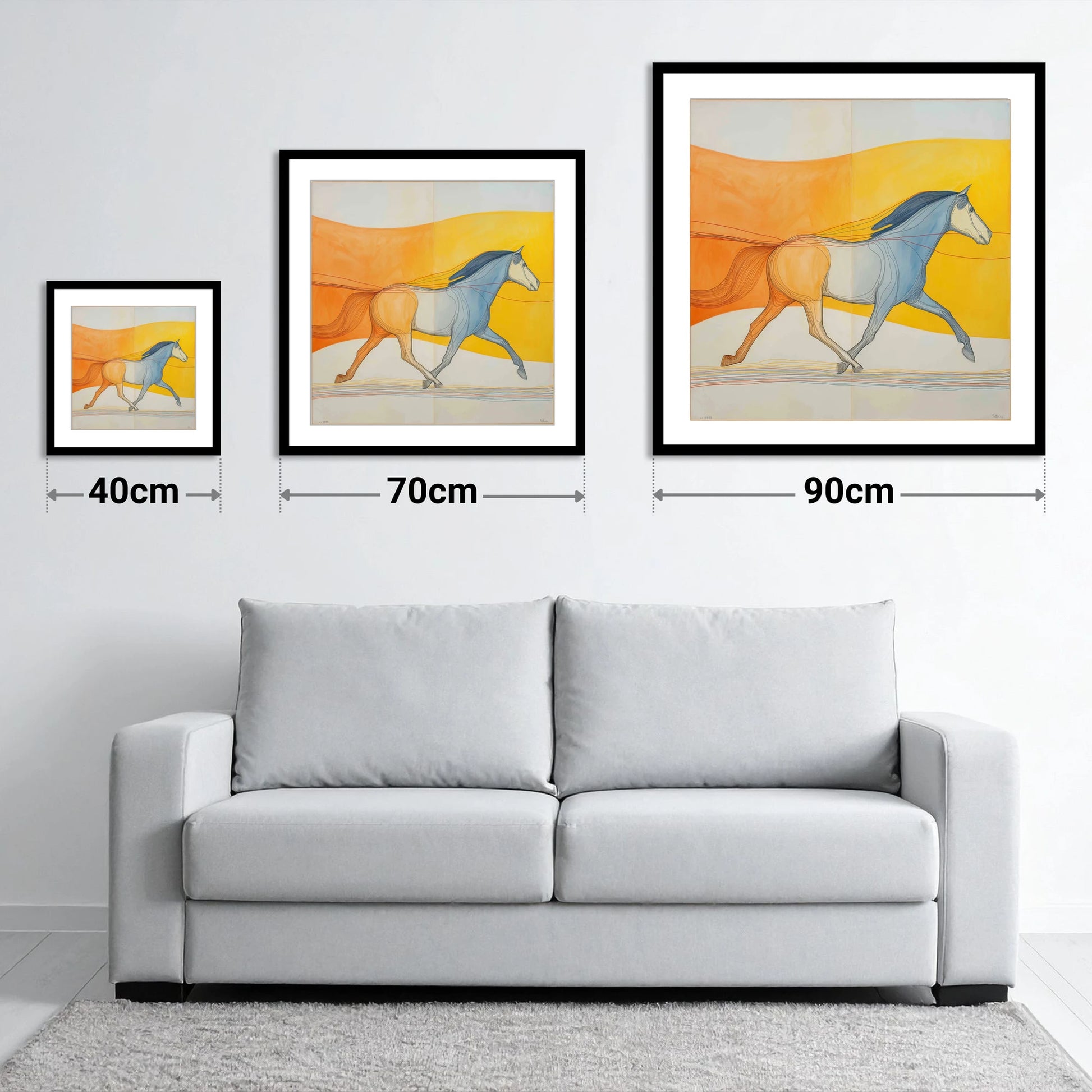 Rhythm In Colour - size guide showing 40cm, 70cm and 90cm art prints