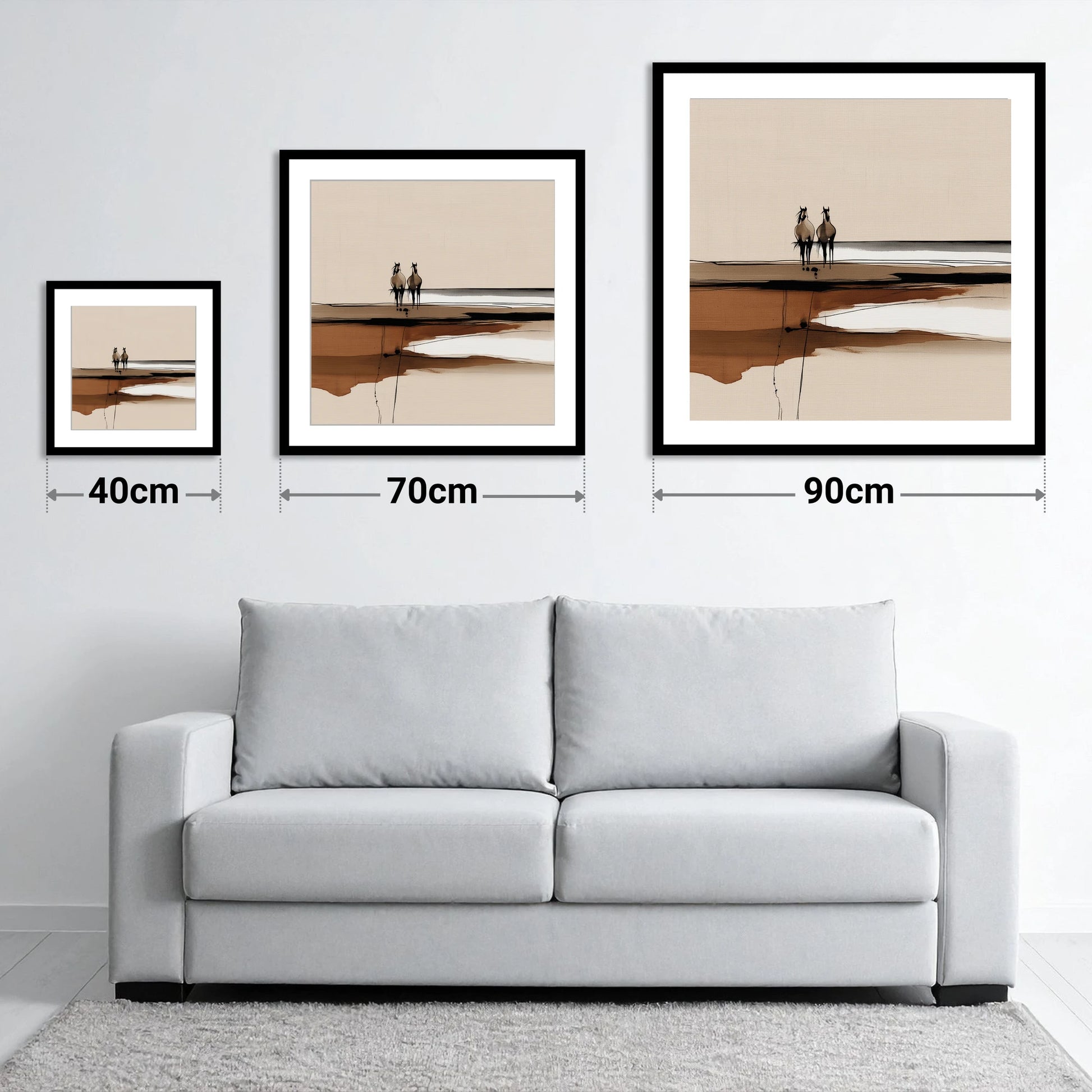 Distant Horizon Companions - size guide showing 40cm, 70cm and 90cm art prints