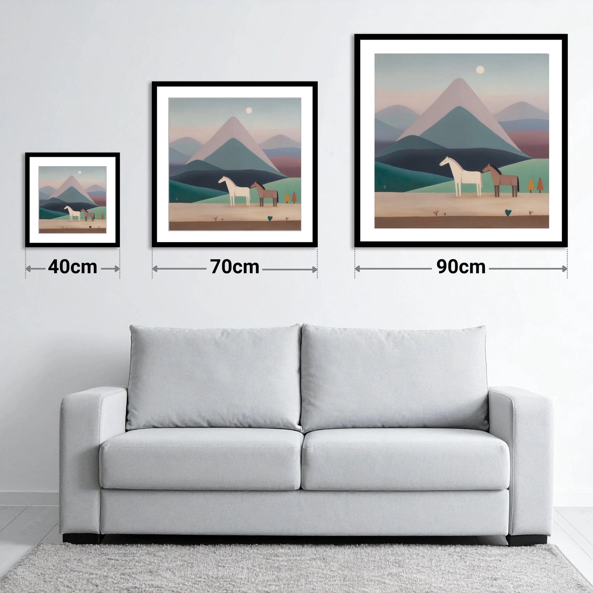 Tranquil Valley Companions - size guide showing 40cm, 70cm and 90cm art prints