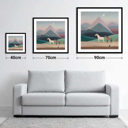 Tranquil Valley Companions - size guide showing 40cm, 70cm and 90cm art prints