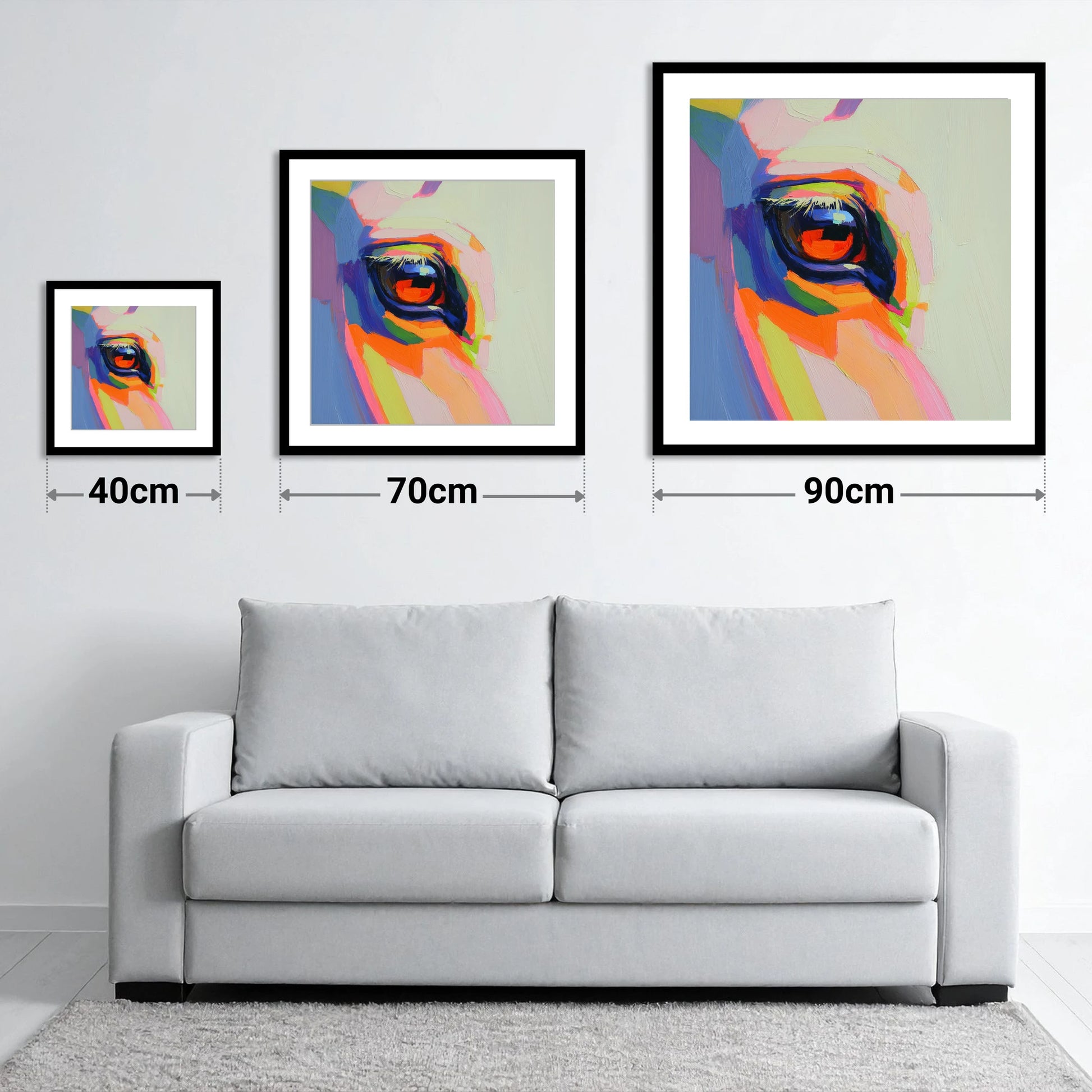 Vibrant Equine Gaze - size guide showing 40cm, 70cm and 90cm art prints