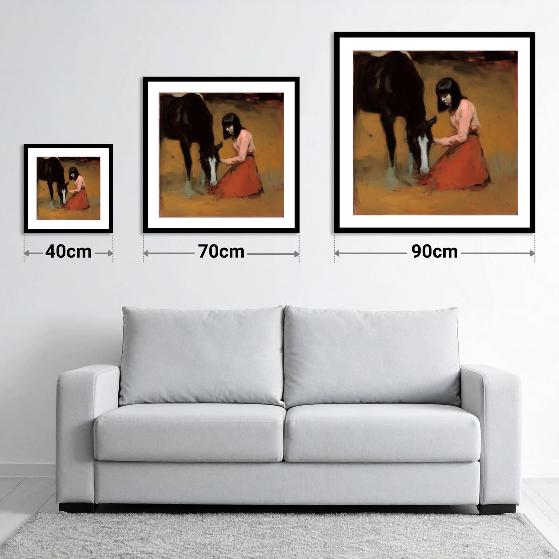 Quiet Communion - size guide showing 40cm, 70cm and 90cm art prints