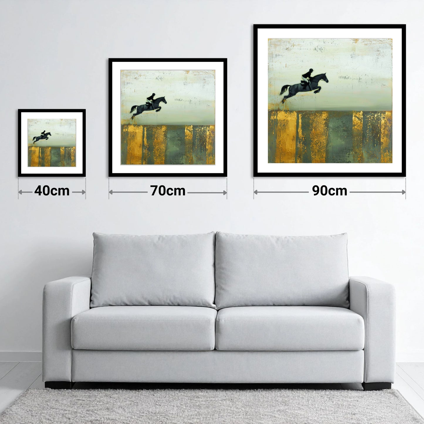 Flight Over Gold - size guide showing 40cm, 70cm and 90cm art prints