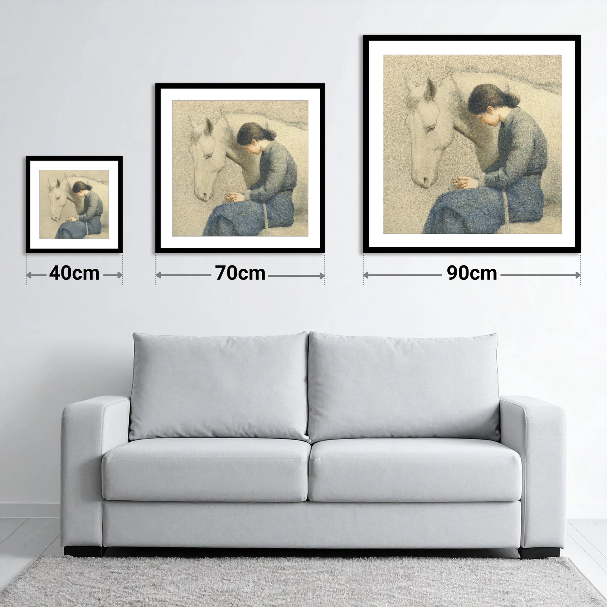 Solace in Stillness - size guide showing 40cm, 70cm and 90cm art prints