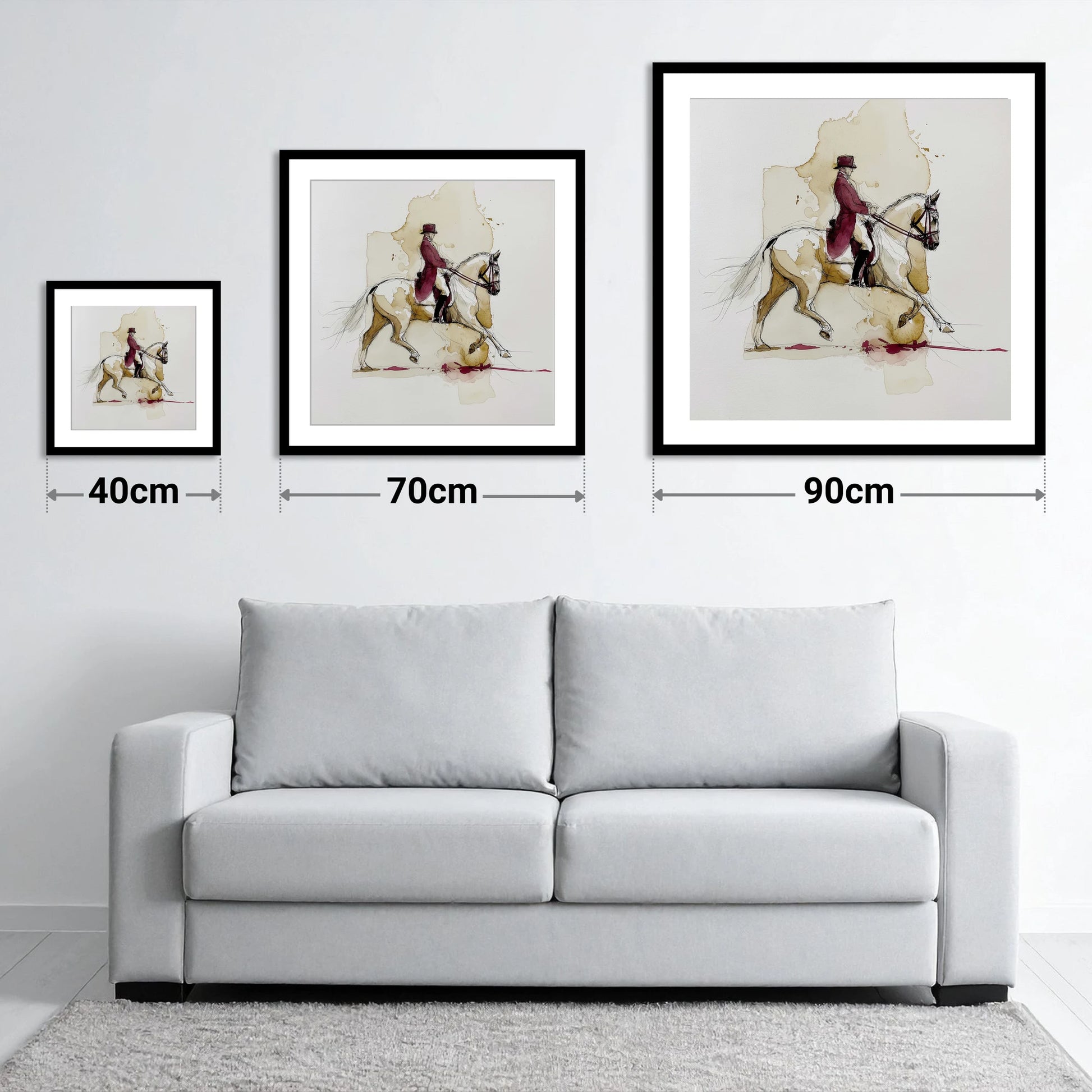 Collected Elegance - size guide showing 40cm, 70cm and 90cm art prints