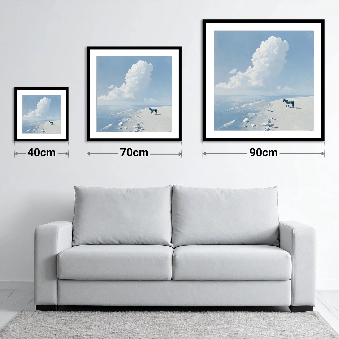 Solitary Coastal Watch - size guide showing 40cm, 70cm and 90cm art prints