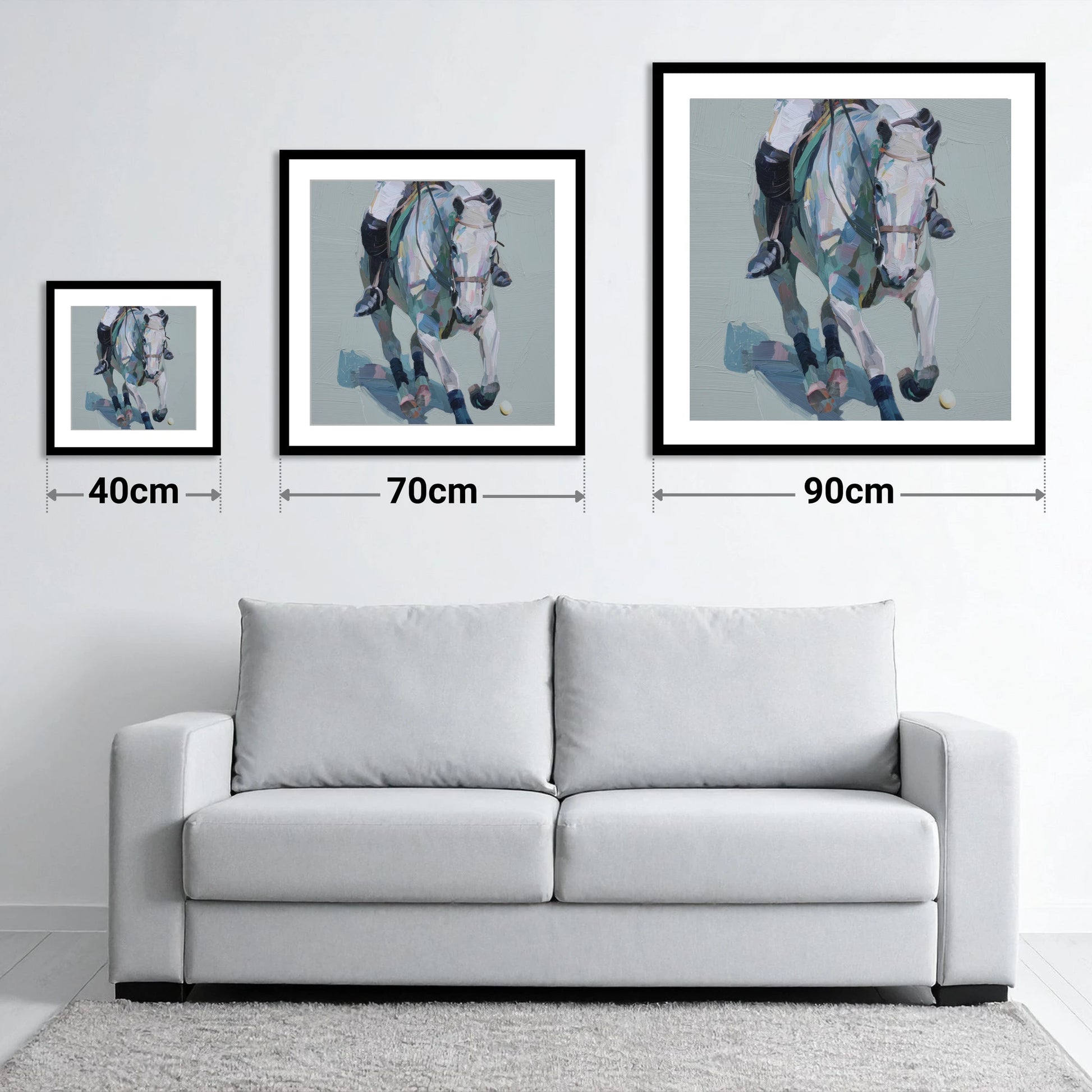 Pastel Polo Charge - size guide showing 40cm, 70cm and 90cm art prints