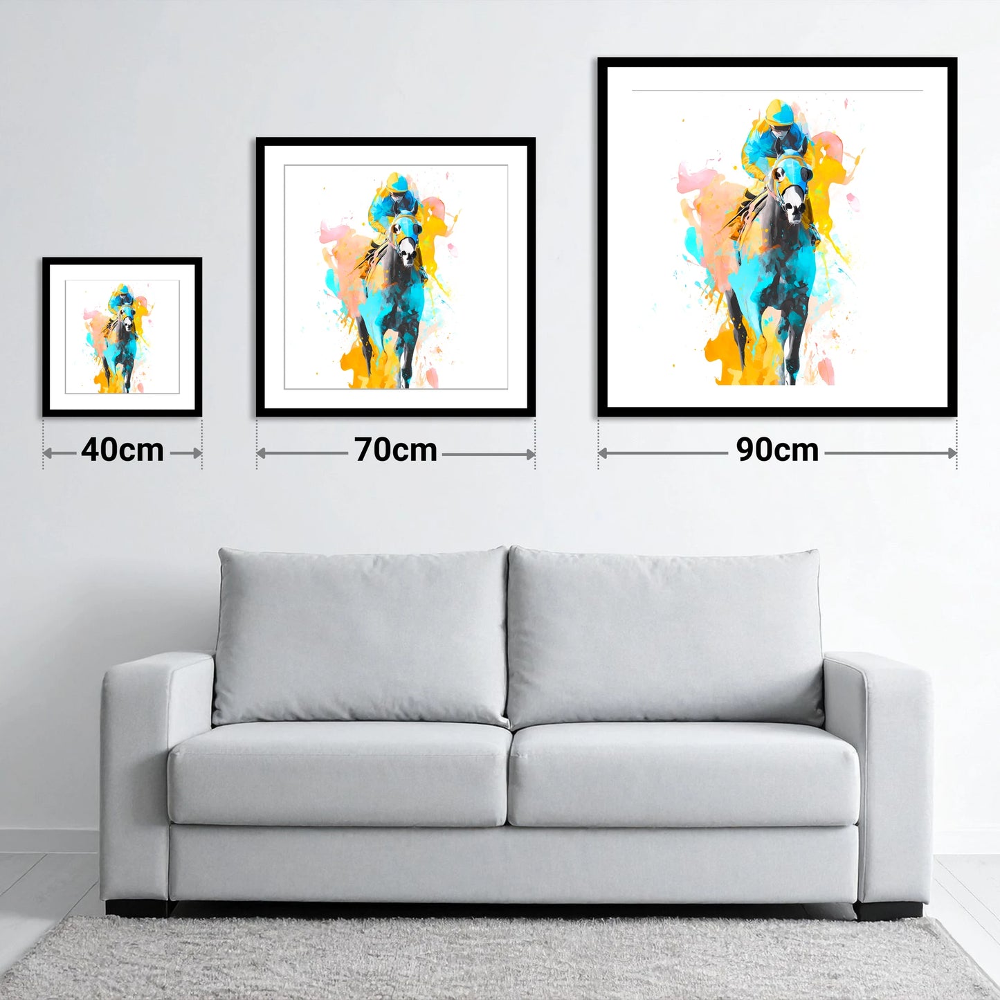 Vibrant Front Runner - size guide showing 40cm, 70cm and 90cm art prints