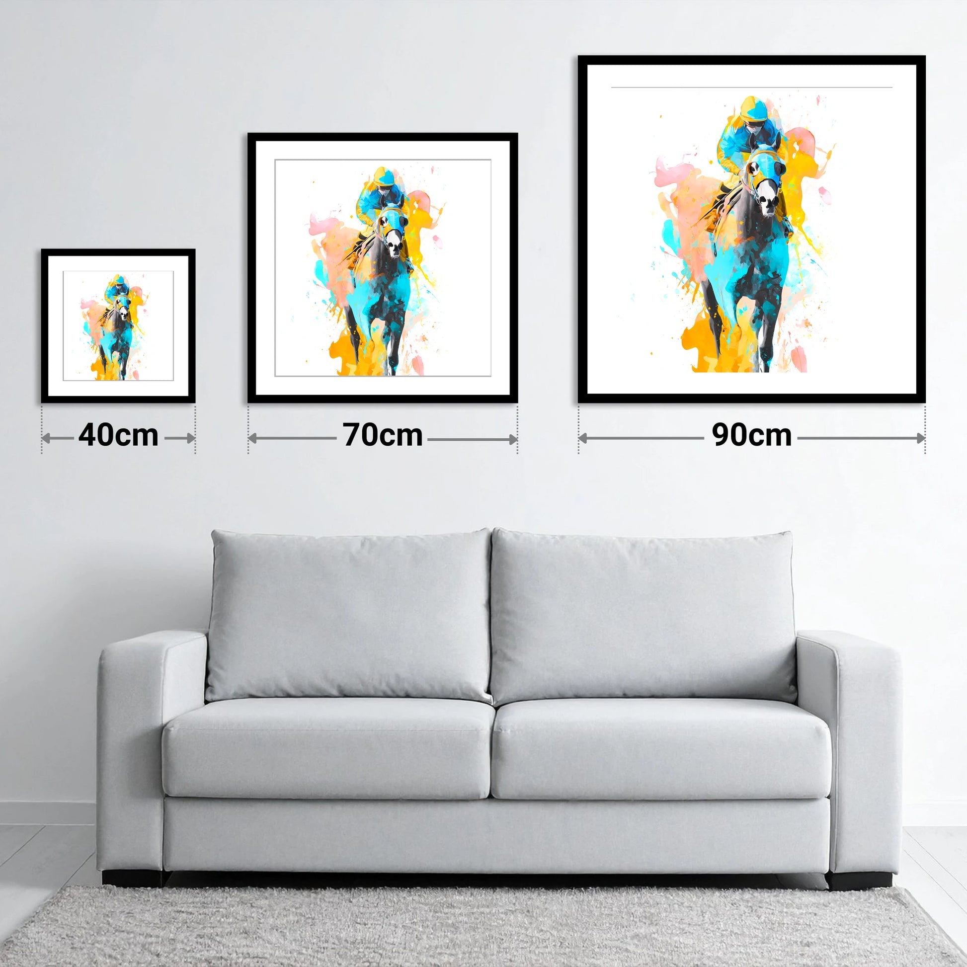 Vibrant Front Runner - size guide showing 40cm, 70cm and 90cm art prints