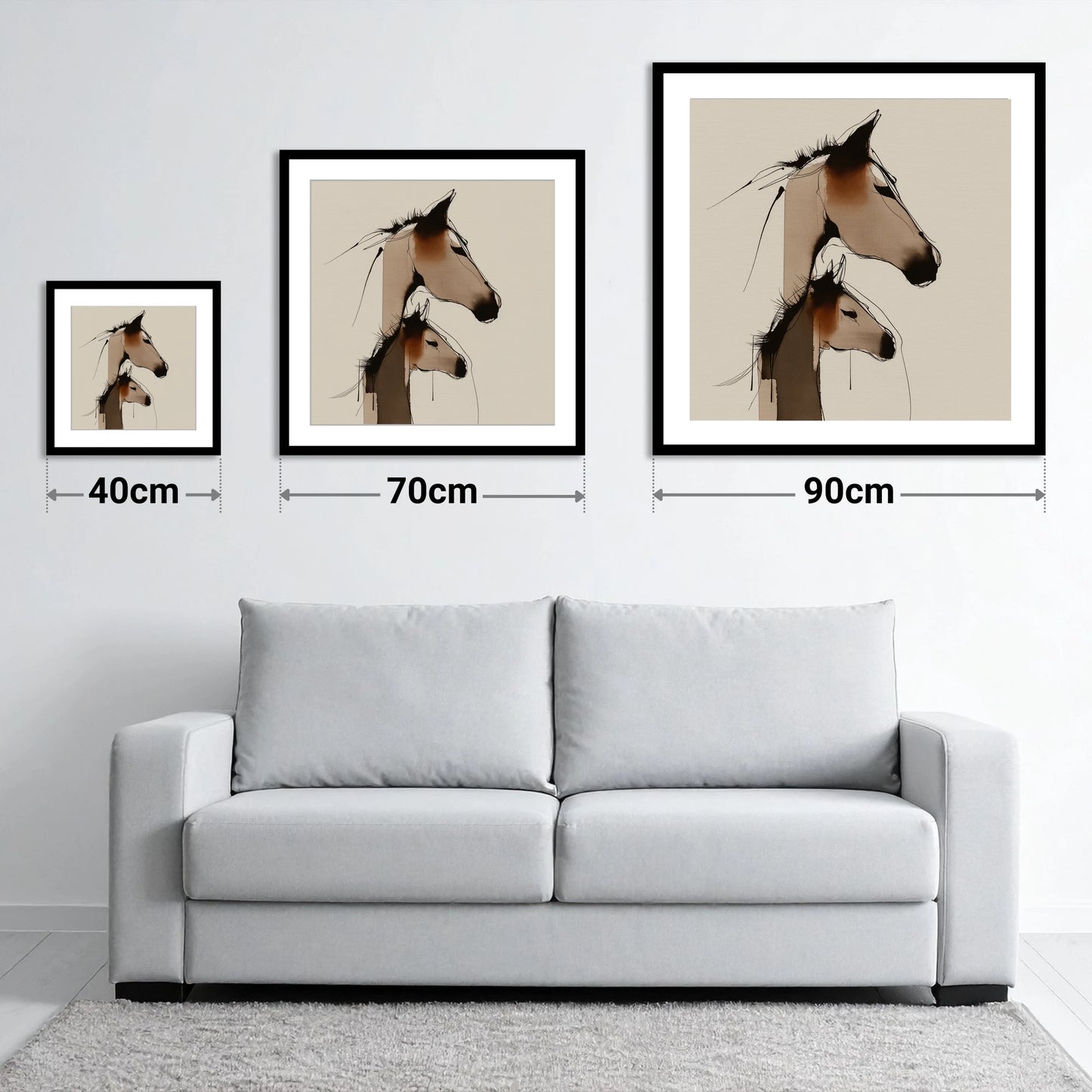 Tender Sepia Bond - size guide showing 40cm, 70cm and 90cm art prints