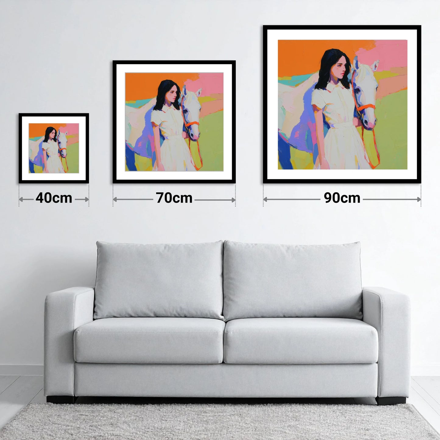 Painted Summer Bond - size guide showing 40cm, 70cm and 90cm art prints