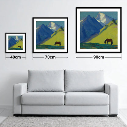 Blue Mountain Pasture - size guide showing 40cm, 70cm and 90cm art prints