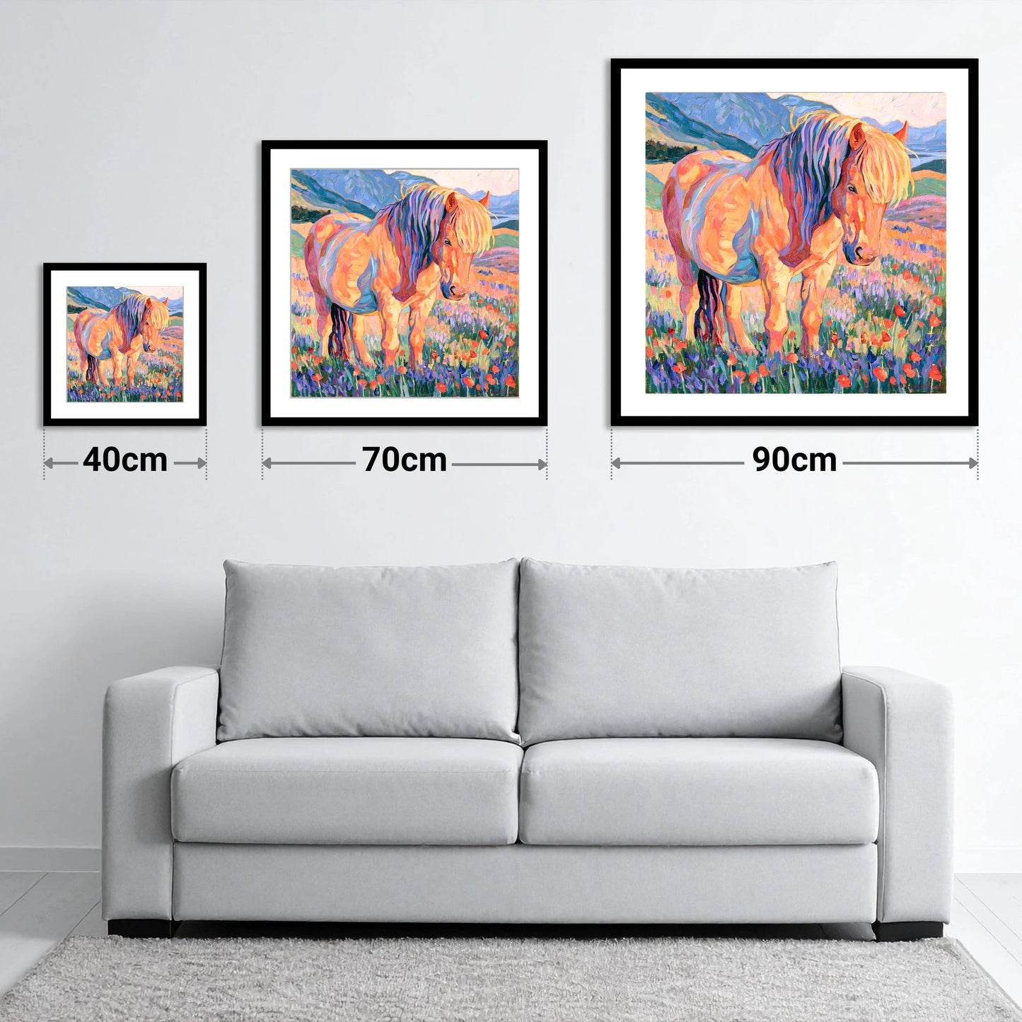 Colourful Horse in Wildflower Meadow - size guide showing 40cm, 70cm and 90cm art prints
