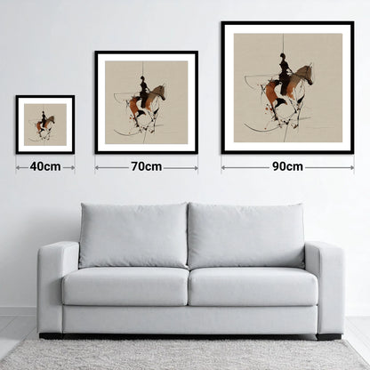 Dynamic Equestrian Harmony - size guide showing 40cm, 70cm and 90cm art prints