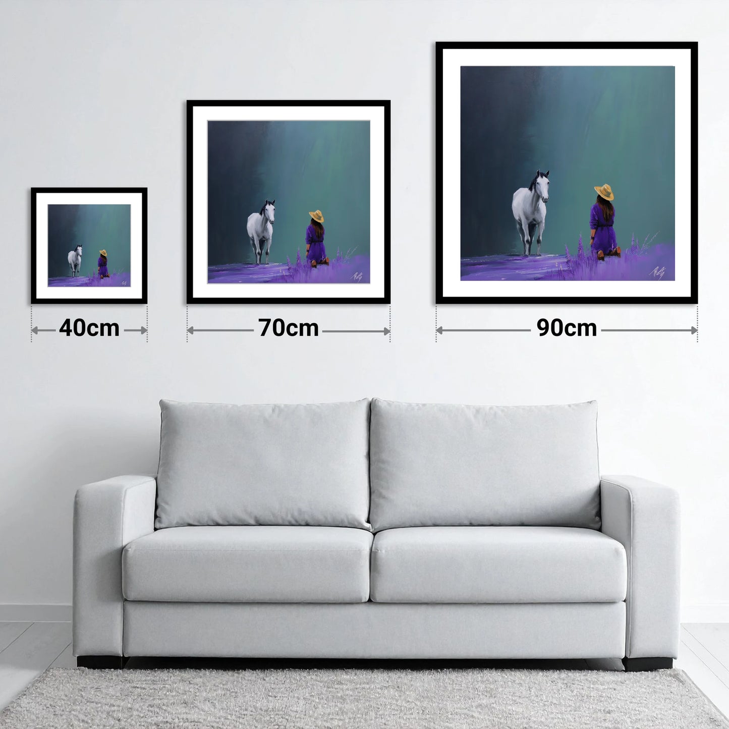 Silent Communion - size guide showing 40cm, 70cm and 90cm art prints