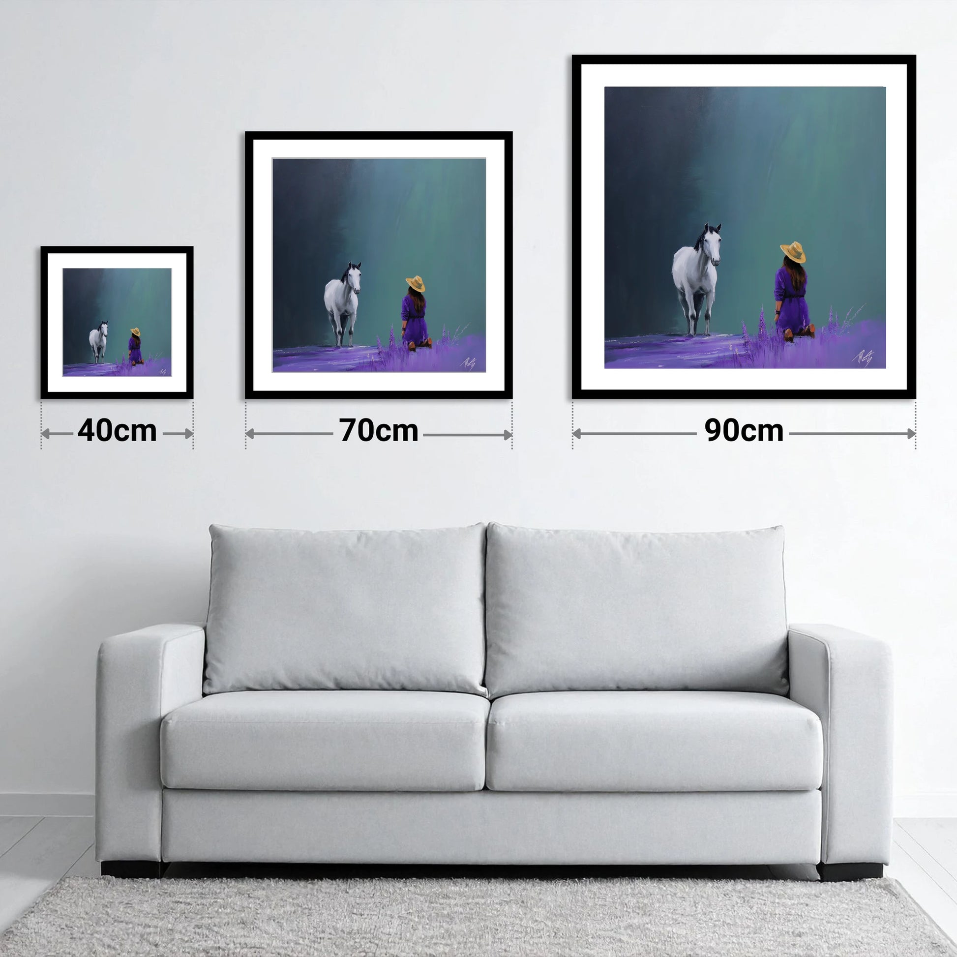 Silent Communion - size guide showing 40cm, 70cm and 90cm art prints