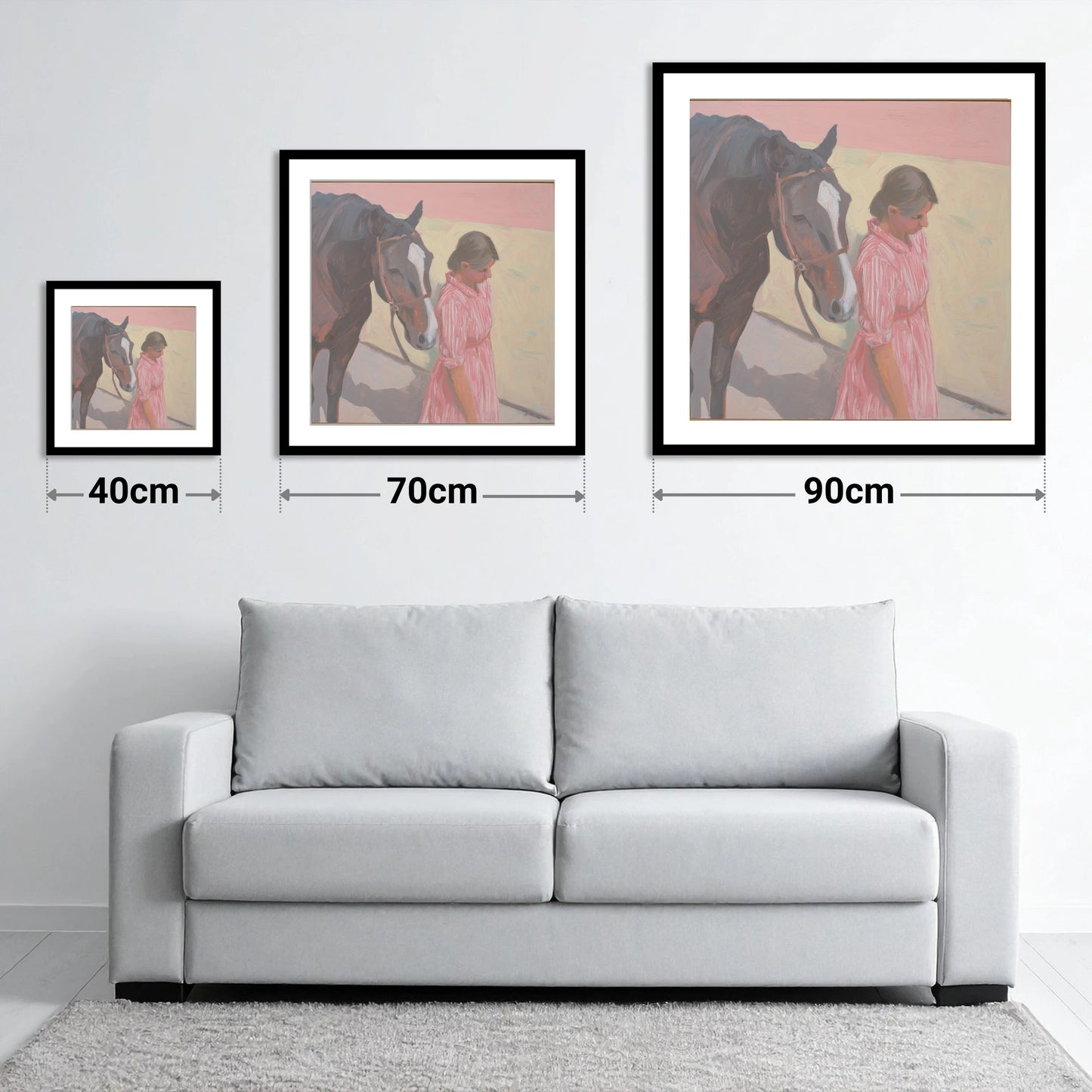 Walking in Step - size guide showing 40cm, 70cm and 90cm art prints