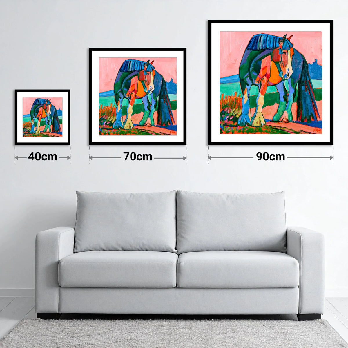 Colourful Shire Horse Portrait - size guide showing 40cm, 70cm and 90cm art prints