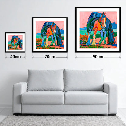 Colourful Shire Horse Portrait - size guide showing 40cm, 70cm and 90cm art prints