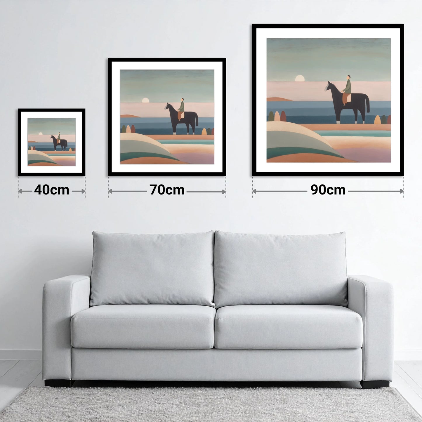 Tranquil Beach Hack - size guide showing 40cm, 70cm and 90cm art prints