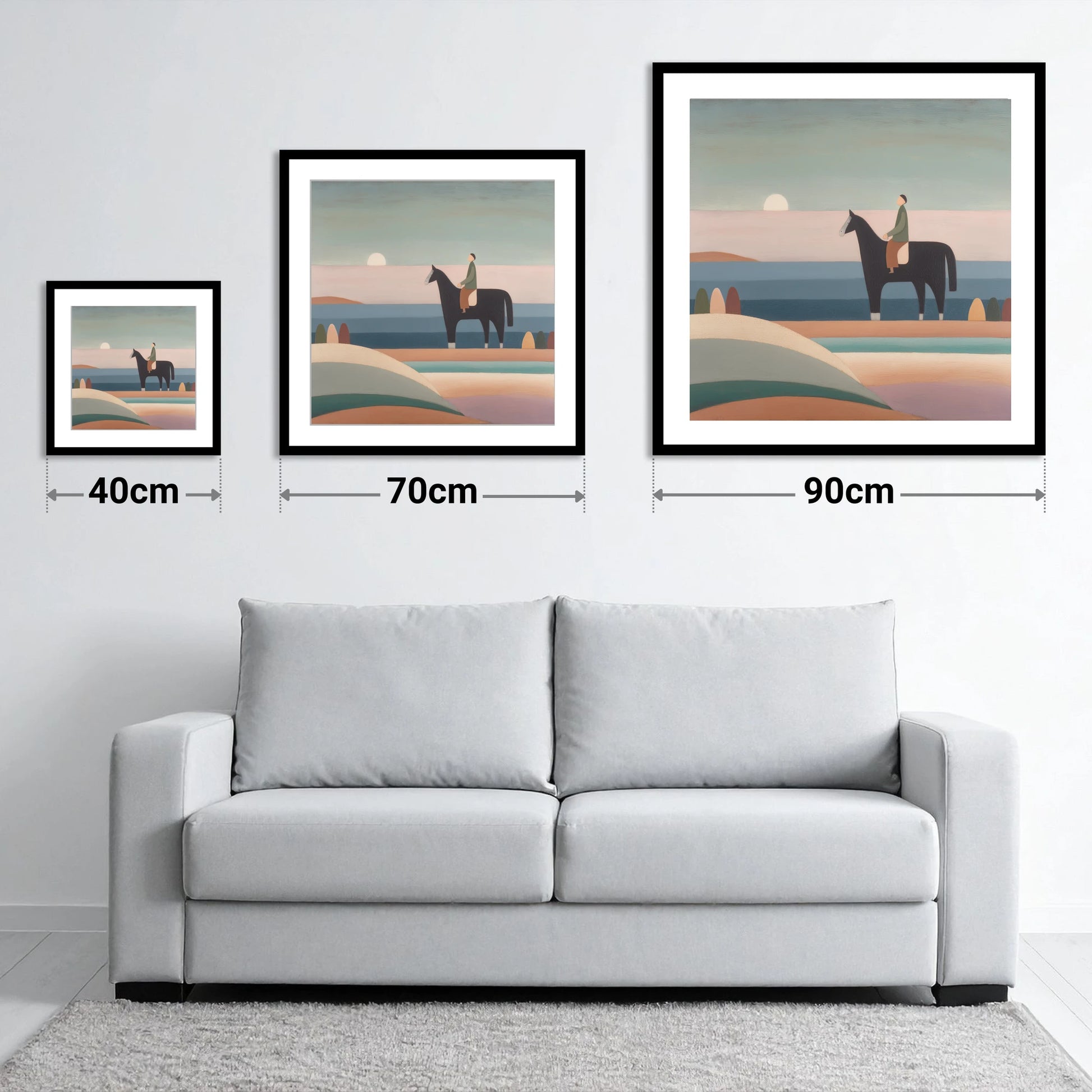 Tranquil Beach Hack - size guide showing 40cm, 70cm and 90cm art prints