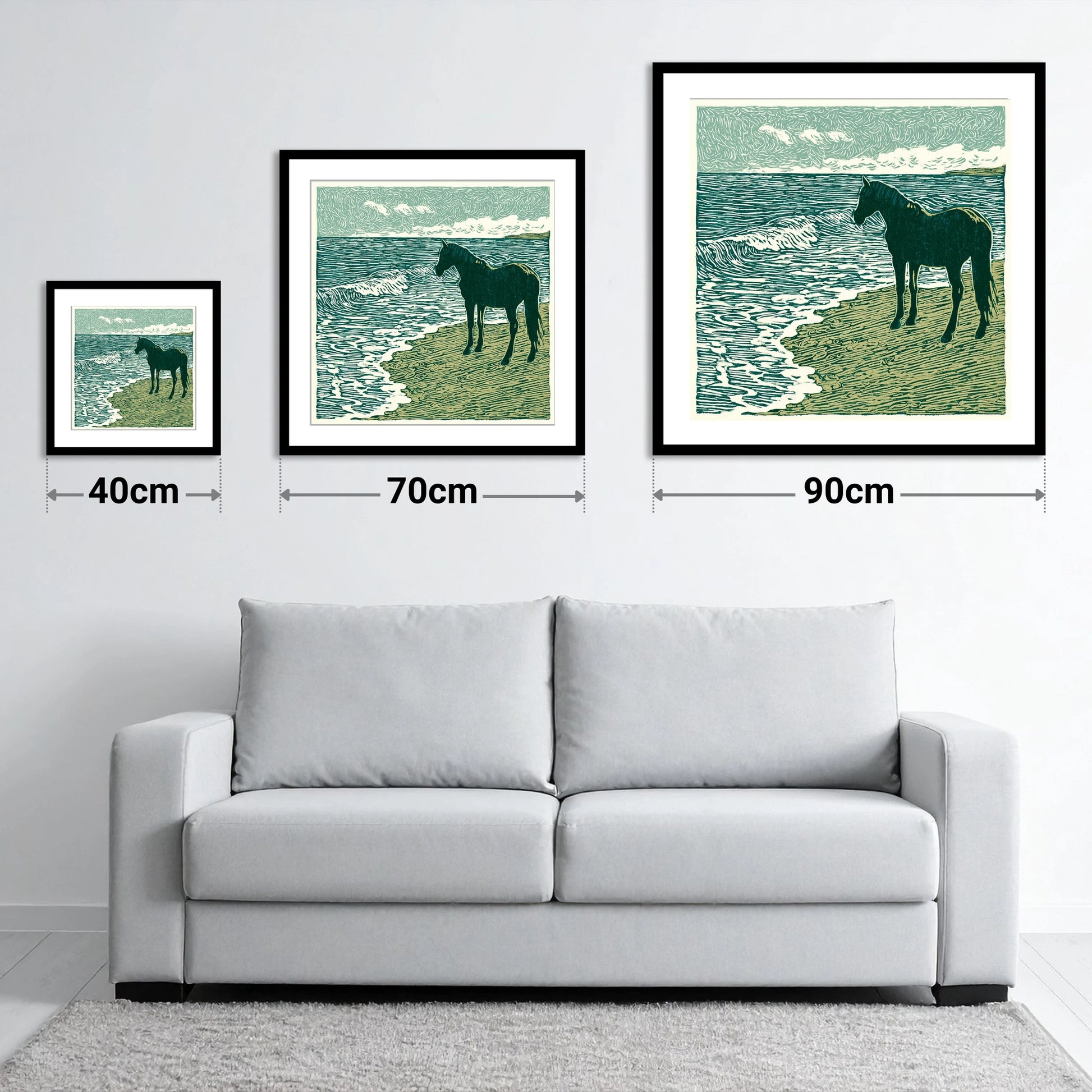 Shoreline Watch - size guide showing 40cm, 70cm and 90cm art prints