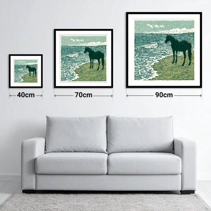 Shoreline Watch - size guide showing 40cm, 70cm and 90cm art prints