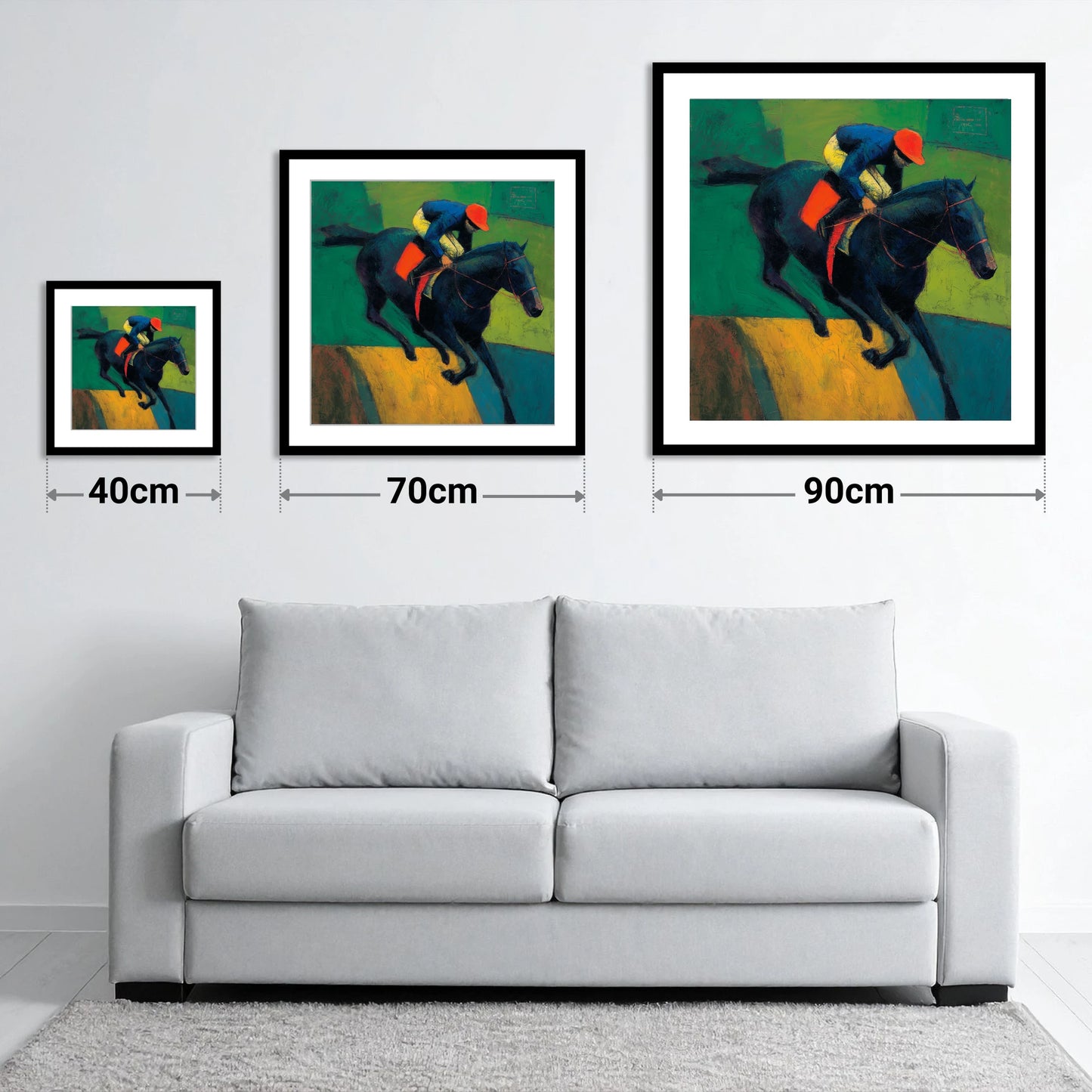 The Crimson Cap - size guide showing 40cm, 70cm and 90cm art prints