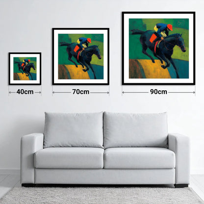 The Crimson Cap - size guide showing 40cm, 70cm and 90cm art prints