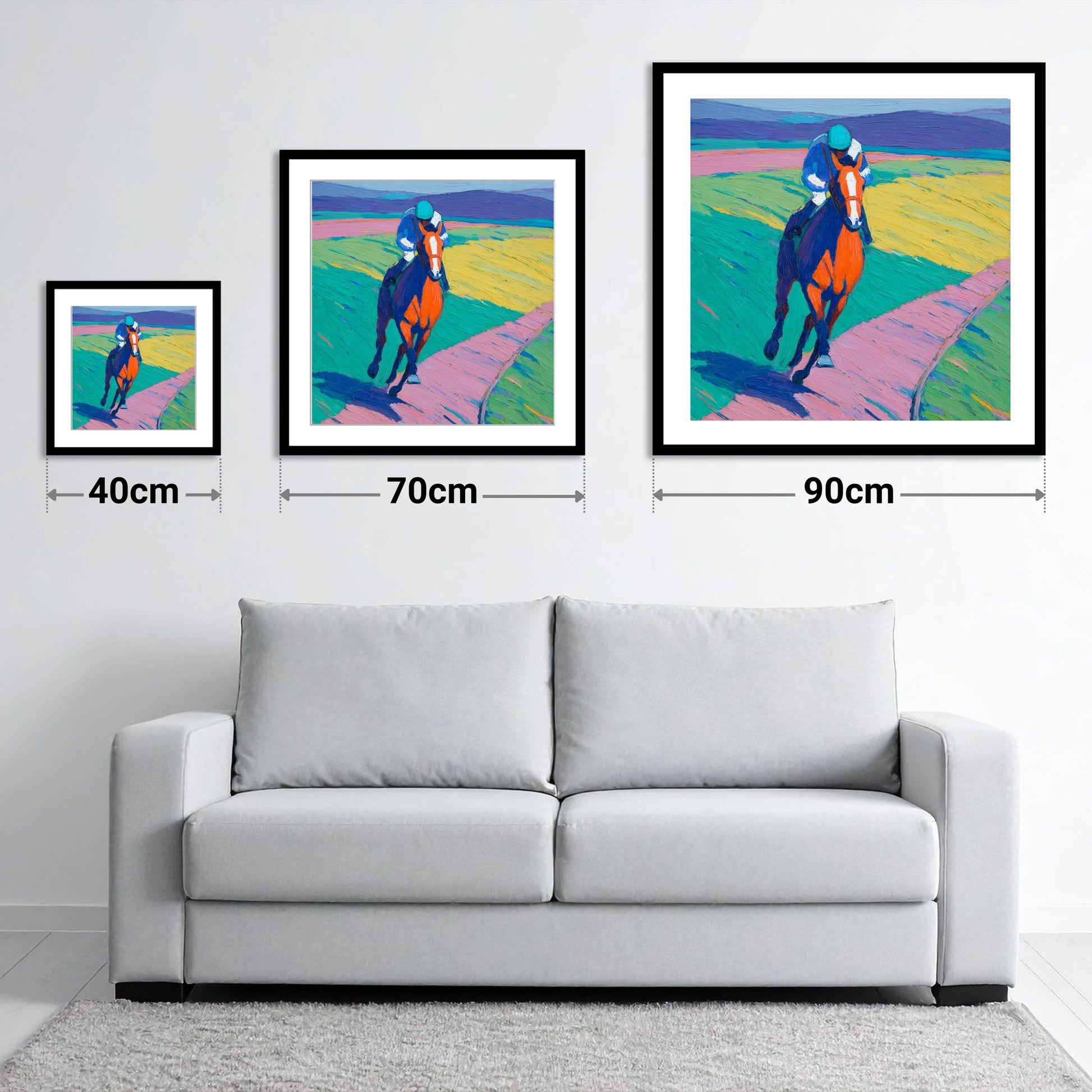 The Vivid Gallop - size guide showing 40cm, 70cm and 90cm art prints